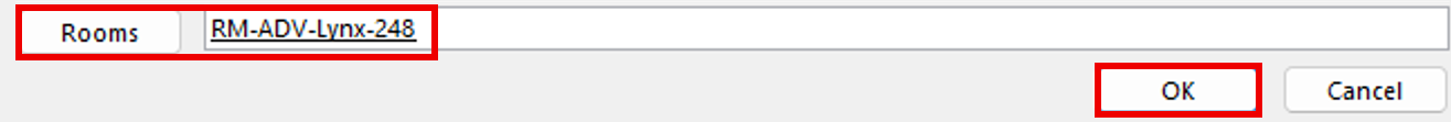 Room selection dialog in Outlook showing “Rooms” tab highlighted in red and selected room “RM-ADV-Lynx-248” underlined. Buttons for OK and Cancel are on the right, with OK highlighted in red.