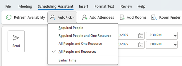 Outlook Scheduling Assistant tab with AutoPick dropdown expanded. Options include Required People, Required People and One Resource, All People and One Resource, All People and Resources (selected), and Earlier Time. Toolbar includes buttons for Refresh A