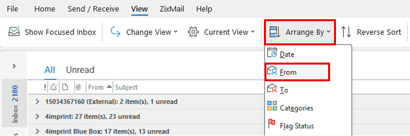 Outlook inbox showing the Arrange By menu with From highlighted as the selected sorting option.