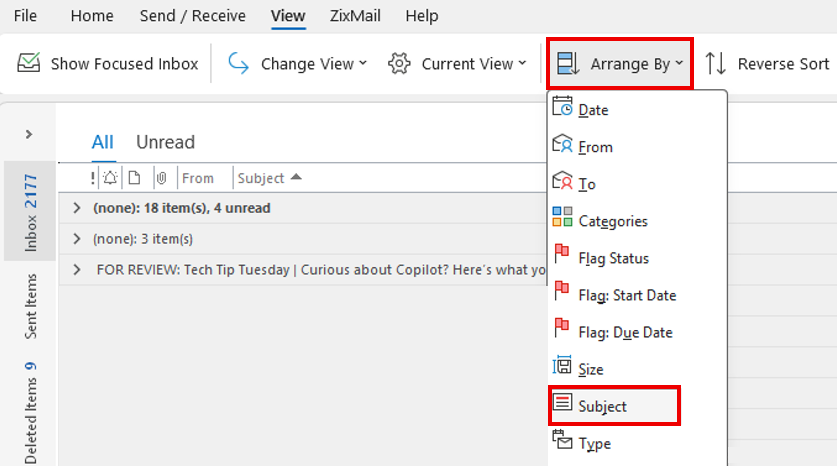 Outlook inbox with the Arrange By menu open and Subject highlighted as the sorting choice.