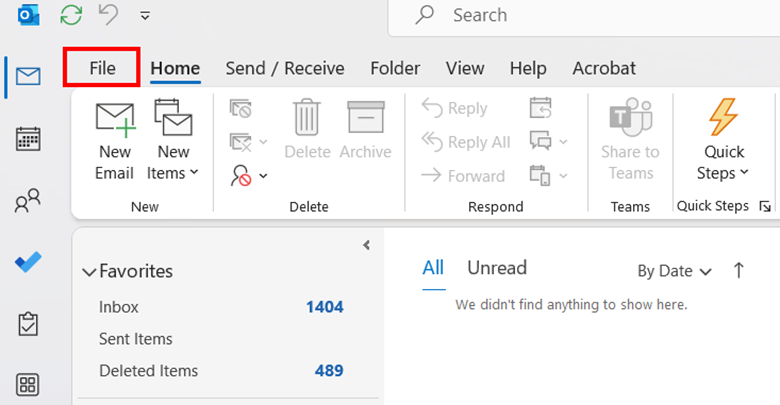 Outlook window with the File tab highlighted.