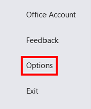 Outlook menu with the Options button highlighted in red.
