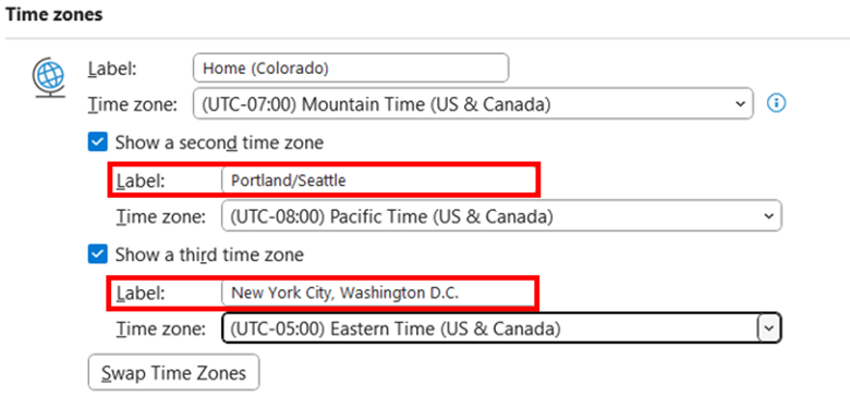  Outlook time zone settings showing second and third time zone labels highlighted.