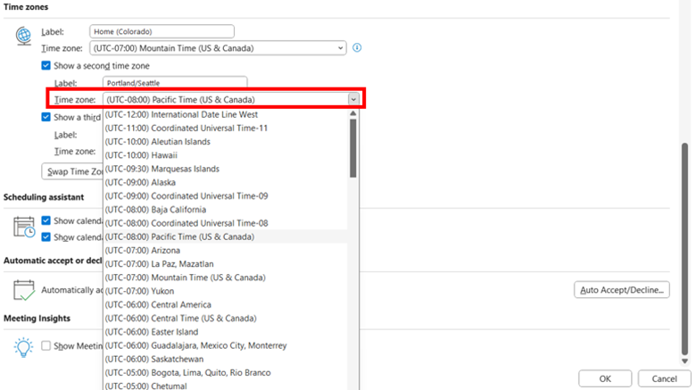  Outlook time zone dropdown expanded with Pacific Time highlighted.