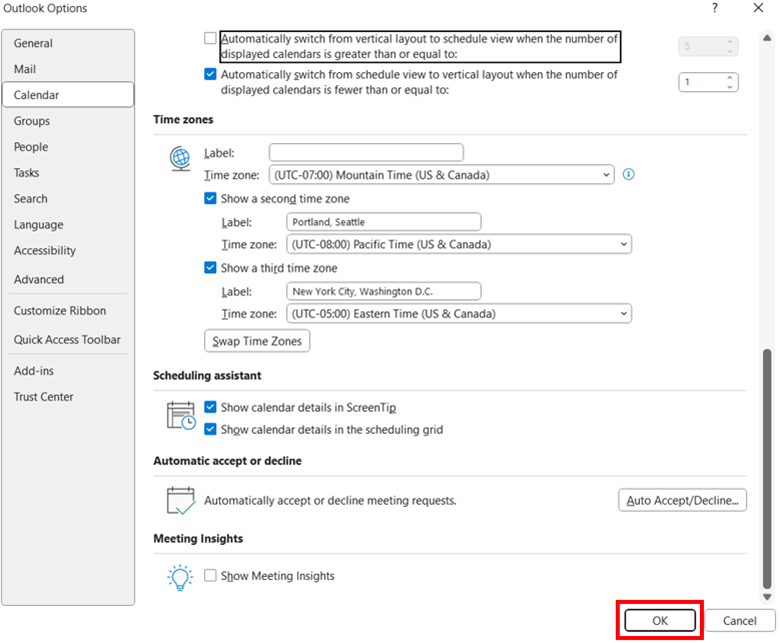 Outlook Calendar Options window with the OK button highlighted.