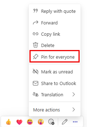 Screenshot of a Microsoft Teams message options menu showing actions such as Reply, Forward, Copy link and Delete, with the ‘Pin for everyone’ option highlighted.