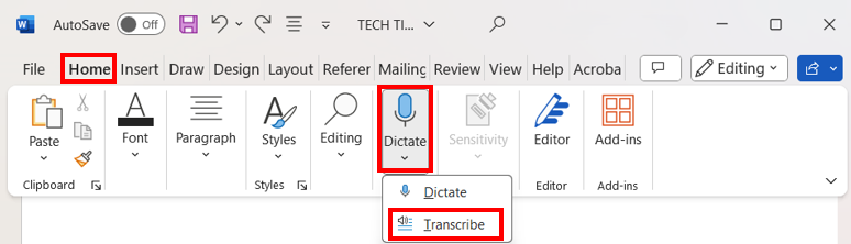 Microsoft Word ribbon showing the Home tab with the Dictate button selected and the Transcribe option highlighted.