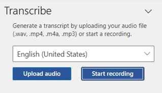 Transcribe pane showing language selection and buttons for Upload audio and Start recording.