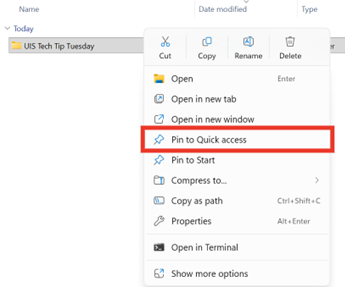 An image highlighting the Pin to Quick access option in the right-click menu