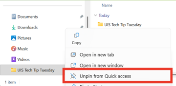 The Unpin from Quick access option is highlighted in the Quick Access right-click menu.