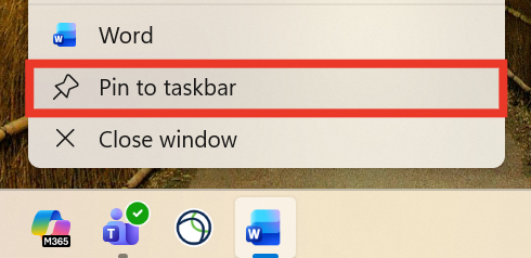 The Pin to taskbar option is highlighted from the Word icon