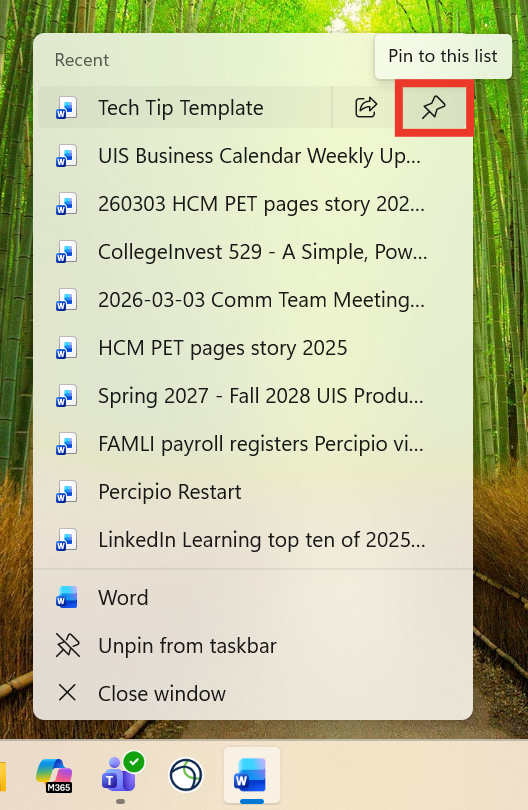 The pin icon is highlighted from the Word icon menu