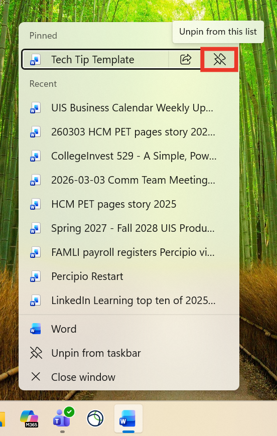 The unpin icon is highlighted from the Word icon menu