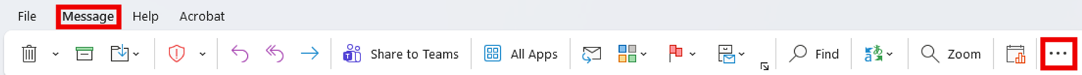 The Outlook message ribbon with "Message" highlighted in a red box in the top menu bar. The three-dot More Options icon at the far right of the toolbar is also highlighted with a red box.