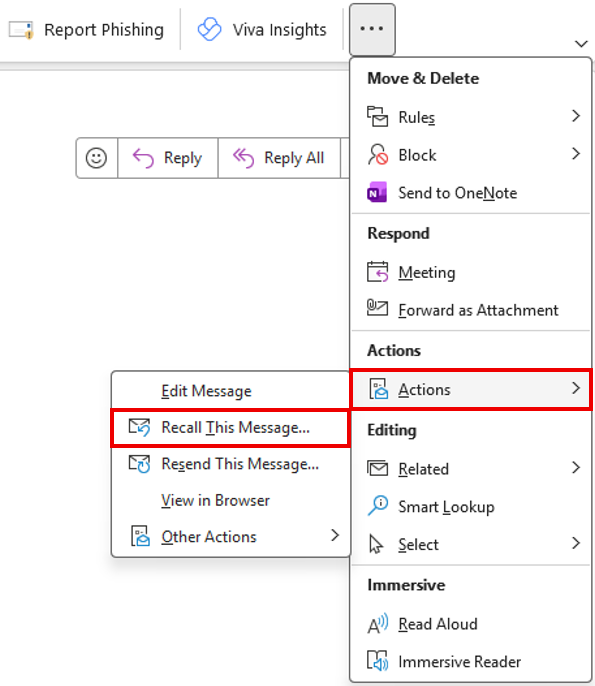 The Outlook message ribbon with the three-dot More Options menu open, showing the Actions submenu expanded. "Actions" is highlighted with a red box in the right menu, and "Recall This Message..." is highlighted with a red box in the left submenu.