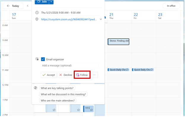 Outlook calendar pop-up for a meeting invitation with the “Follow” button highlighted next to the Accept and Decline options. The calendar view and scheduled meetings are visible in the background.