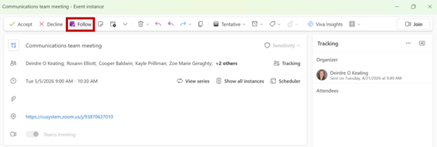 Outlook calendar event window for a communications team meeting with the “Follow” button highlighted in the toolbar. The Tracking panel is open on the right side of the screen.