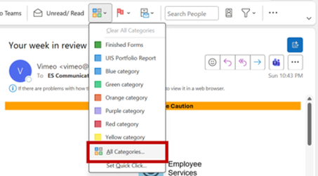 Screenshot of Outlook with a categories dropdown open, highlighting the “All Categories…” option.