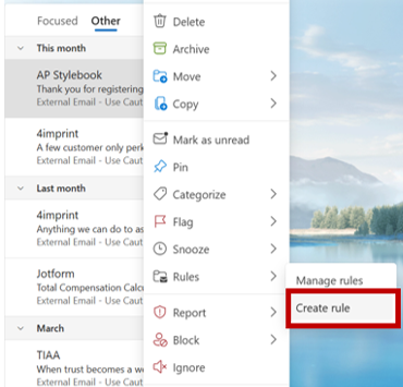 Screenshot of Outlook’s right-click menu with “Create rule” highlighted under the Rules options.