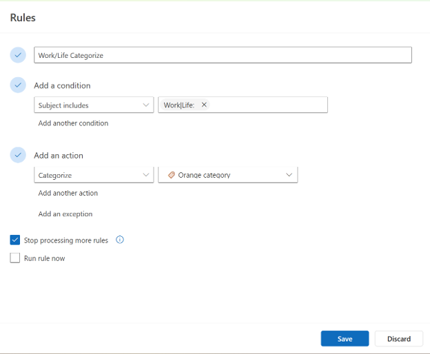 Screenshot of the Outlook Rules setup page showing a rule named “Work/Life Categorize” with a subject condition and an orange category action selected.