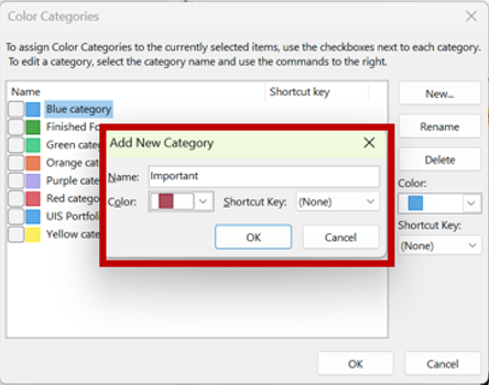 Screenshot of the Outlook “Add New Category” dialog, showing a category named “Important” with a selected color and optional shortcut key.