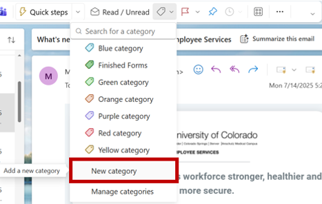 Screenshot of Outlook with the category dropdown open, highlighting the “New category” option.