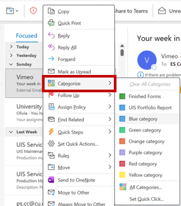 Screenshot of Outlook’s right-click menu with “Categorize” highlighted and the category list expanded.