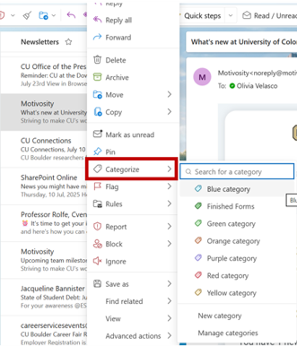 Screenshot of Outlook’s right-click menu with “Categorize” highlighted and the category list and search bar visible.