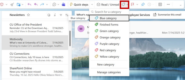 Screenshot of Outlook showing the category dropdown opened from the toolbar, with “Blue category” selected and category options listed.