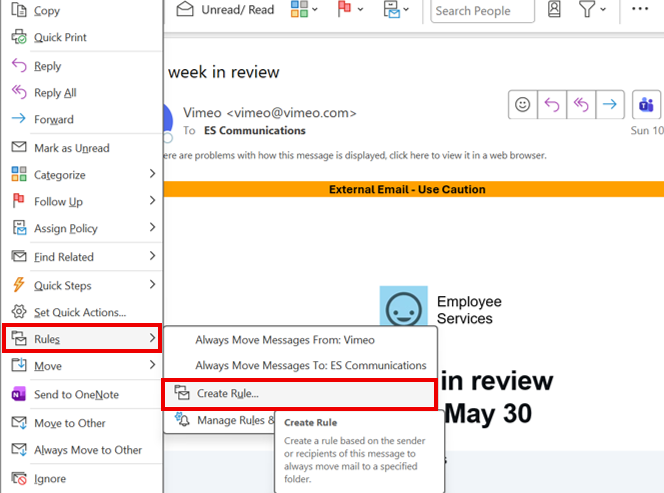 Screenshot of Outlook’s right-click menu with “Rules” highlighted and the “Create Rule…” option selected.