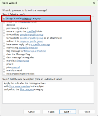 Screenshot of the Outlook Rules Wizard showing the action “assign it to the category category” selected.