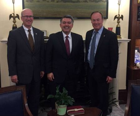 Senator Cory Gardner with Colorado State University Athletic Director Joe Parker and CU Athletic Director Rick George