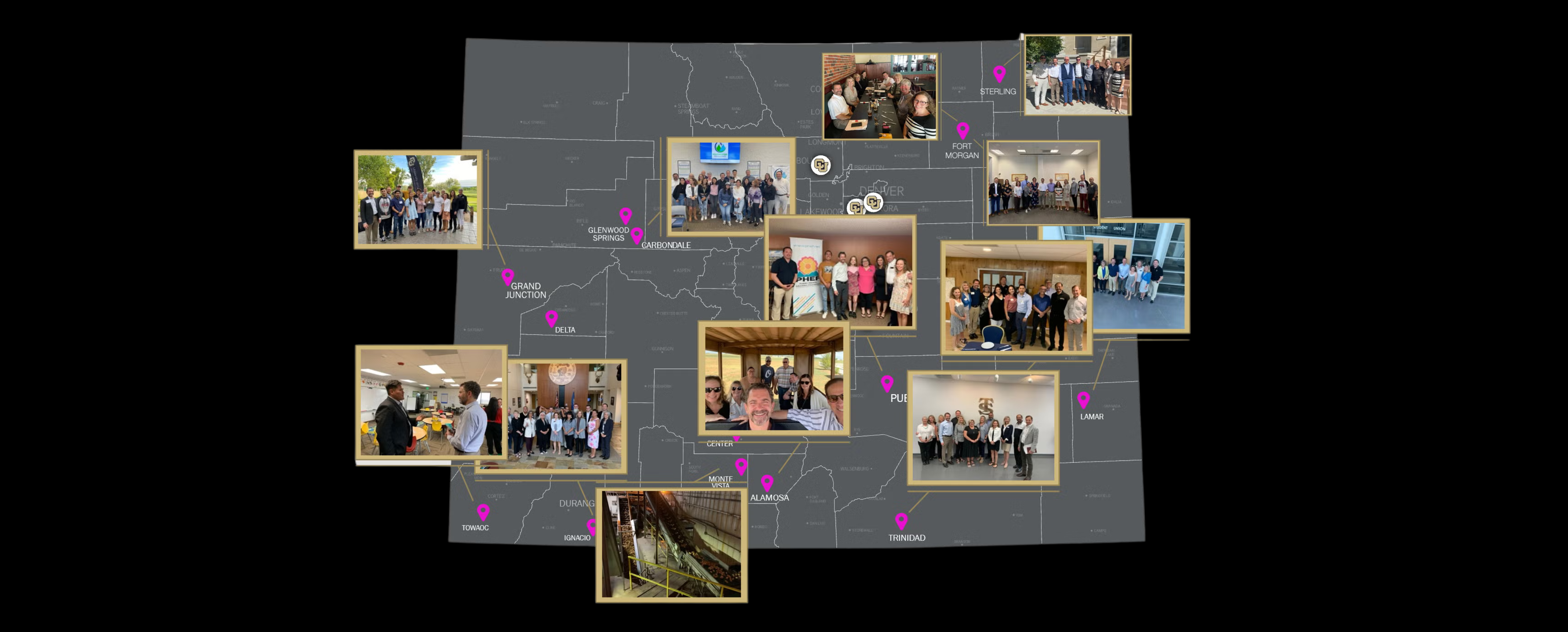 State of Colorado map marking locations CU has visited recently