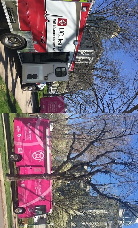 Mobile Stroke Unit and Pink Life Saver Van in front of the Capitol for UCHealth Advanced Care Close to Home Day.