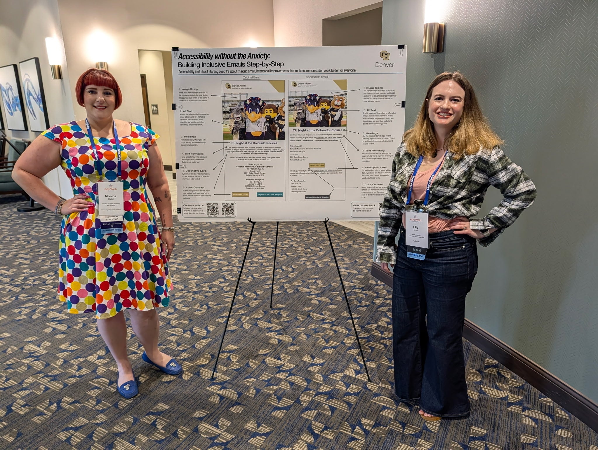 Monica C Cutler and Elly Lewis presenting a poster on accessibility.