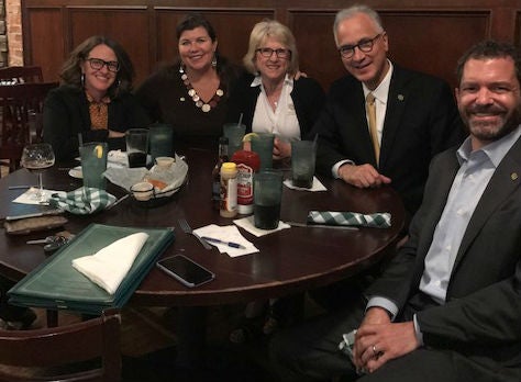Representative Daneya Esgar (D-Pueblo) joins Tanya Kelly-Bowry (Vice President, Office of Government Relations), President Mark Kennedy and wife Debbie, and Todd Saliman (CU Chief Financial Officer) for dinner in Pueblo