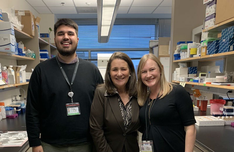 Congresswoman Diana DeGette with Emily Bates, PhD, Assistant Professor and Yunus Ozekin, PhD Graduate Student 