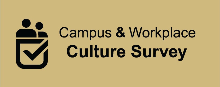 Black graphic and text on gold background of two people above a check box accompanied on the right by the text that reads Campus & Workplace Culture Survey
