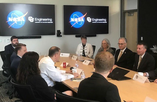NASA Administrator Jim Bridenstine at LASP with Regent Linda Shoemaker, VC for Research Terri Fiez and CU President Mark Kennedy 