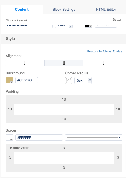 Button border 3px. Padding 10px. Match the border color to the email background.