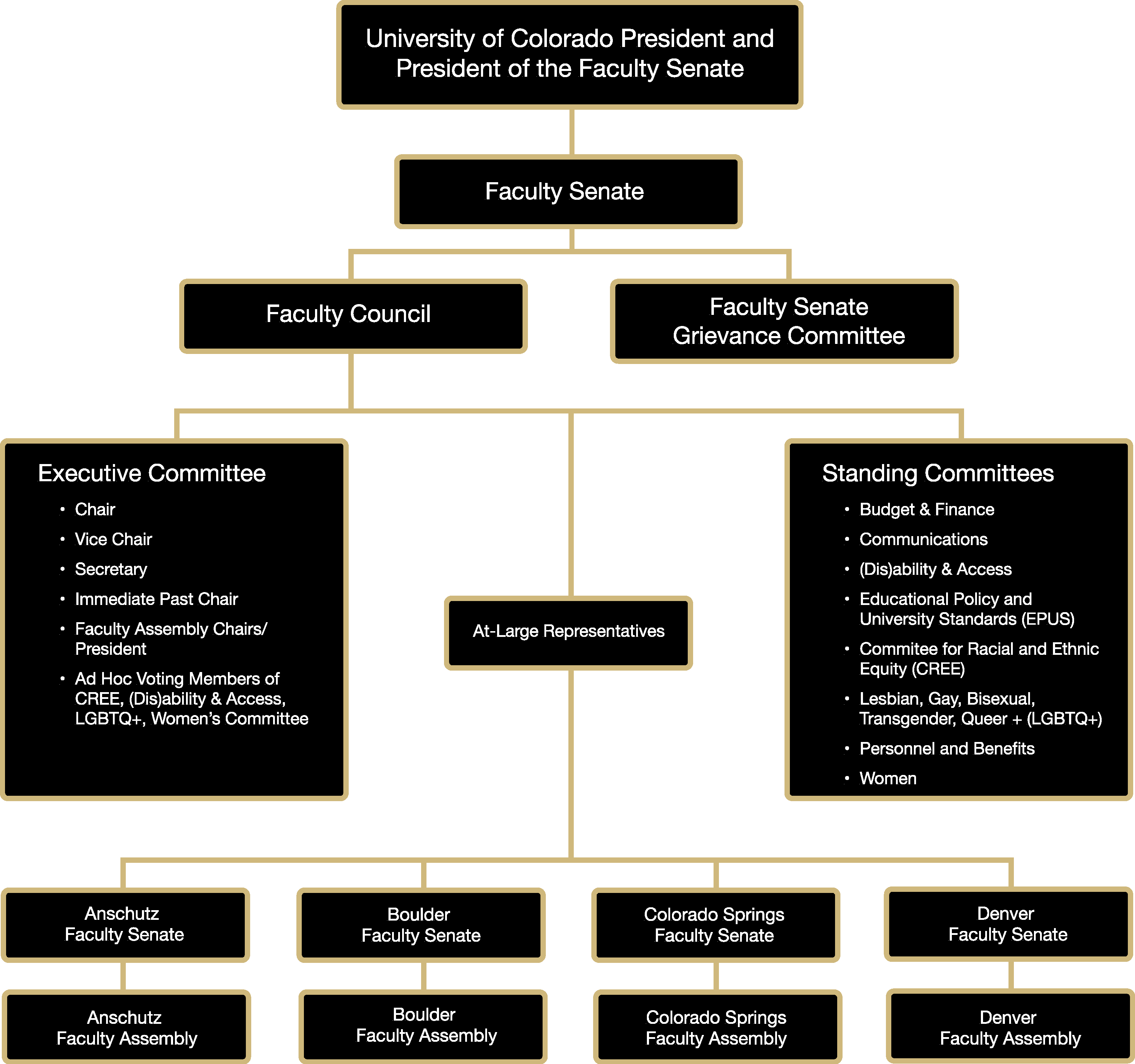 organizational chart displaying the structure with faculty senate, faculty council and faculty assembly