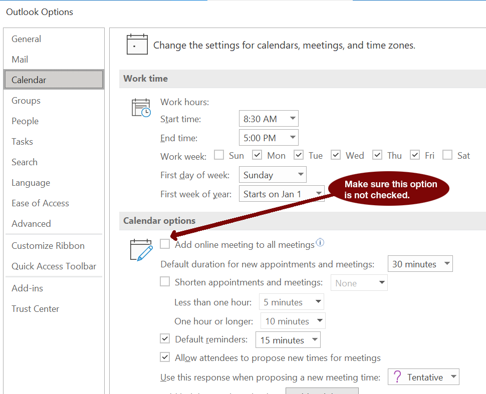 Calendar settings in Outlook for Windows