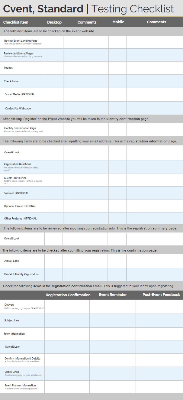 Cvent Testing Checklist