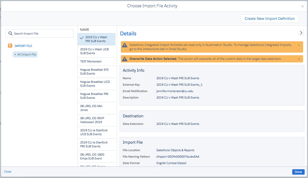 Choose Import File Activity Window