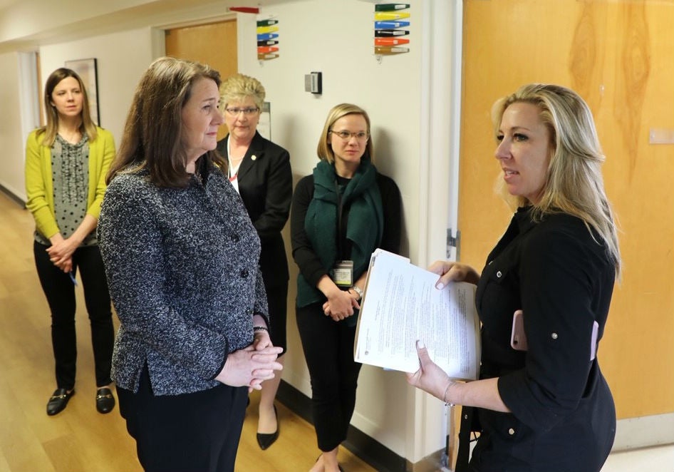Congresswoman Diana DeGette speaks with Erica Sherer, Assistant Professor of Clinical Practice, Director of Sheridan Health Services 