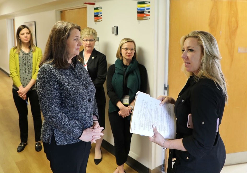 Congresswoman Diana DeGette speaks with Erica Sherer, Assistant Professor of Clinical Practice, Director of Sheridan Health Services Congresswoman Diana DeGette speaks with Erica Sherer, Assistant Professor of Clinical Practice, Director of Sheridan Health Services