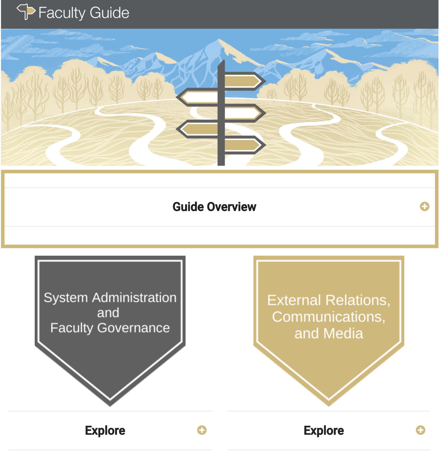 screenshot of Faculty Guide with banners reading System Admin & Faculty Gov and External Relations, Comm, Media