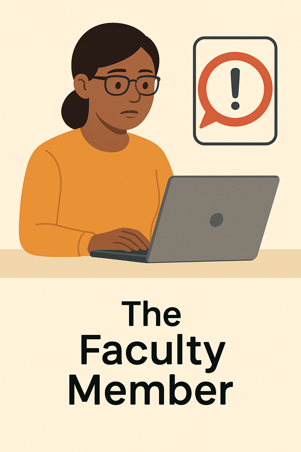 Cartoon image of female looks at her laptop