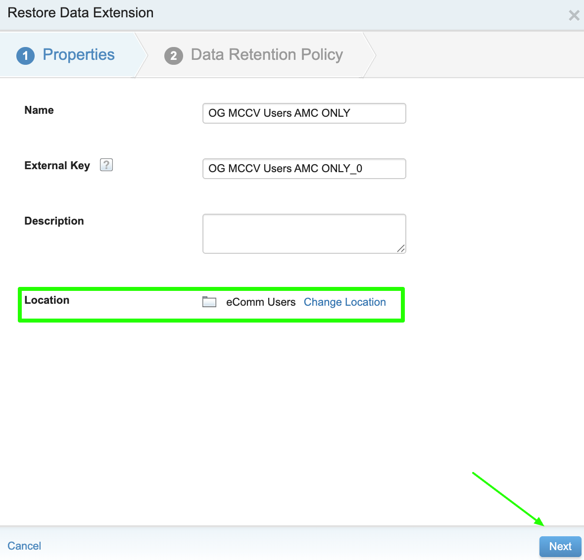 Ensure the data extension is being restored to the correct folder (change if not correct) and click Next.