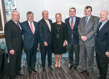 Pictured: Dennis R. Roop, PhD., CU Anschutz Medical Campus Chancellor Donald M. Elliman, CU President Bruce Benson, Diana Gates Wallach, U.S. Senator Michael Bennet, CU School of Medicine Dean John J. Reilly, and Congressman Mike Coffman